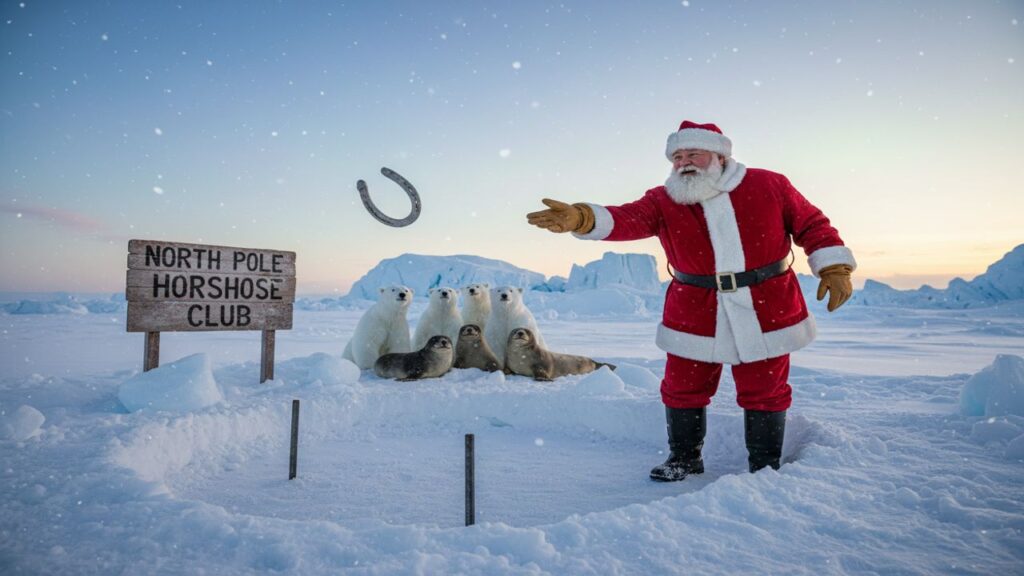 Santa pitches a horseshoe toward a snowy stake as polar bears and seals gather behind a wooden North Pole Horseshoe Club sign.
