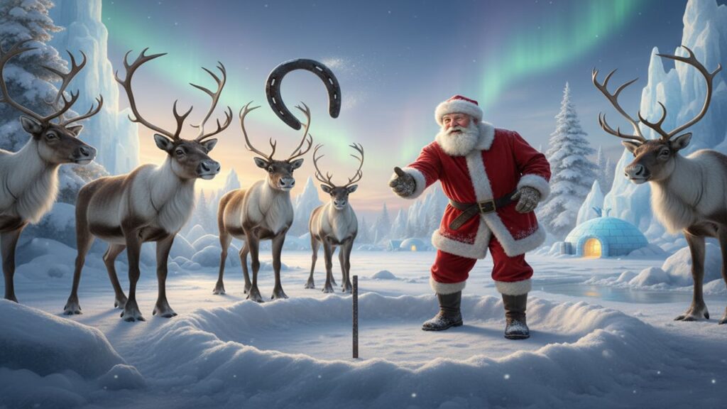 Santa throws a horseshoe in a snowy North Pole scene surrounded by reindeer beneath the glow of the Northern Lights.