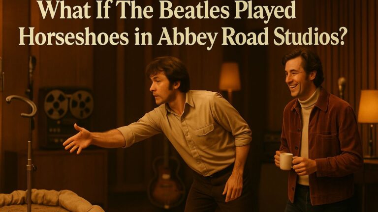 Indoor horseshoe game in a warm 1960s-style recording studio with two players tossing a horseshoe near a sand pit.