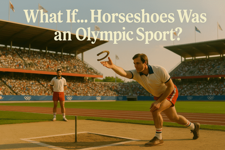 Horseshoe players in an Olympic outdoor stadium mid-game, warm evening lighting.