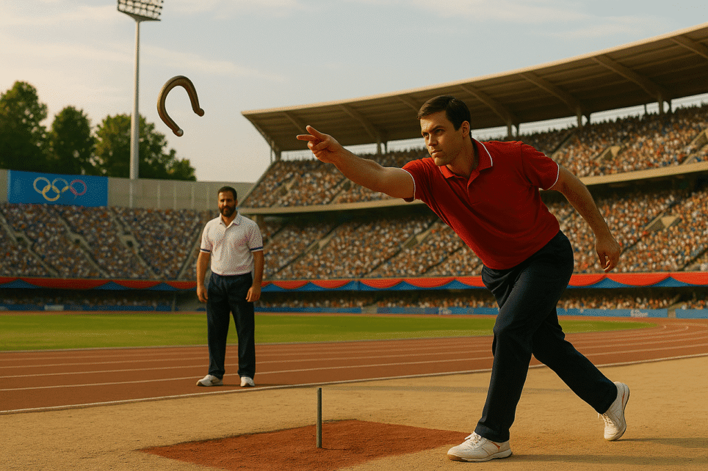 A horseshoe approaching the stake during Olympic play inside a packed stadium.