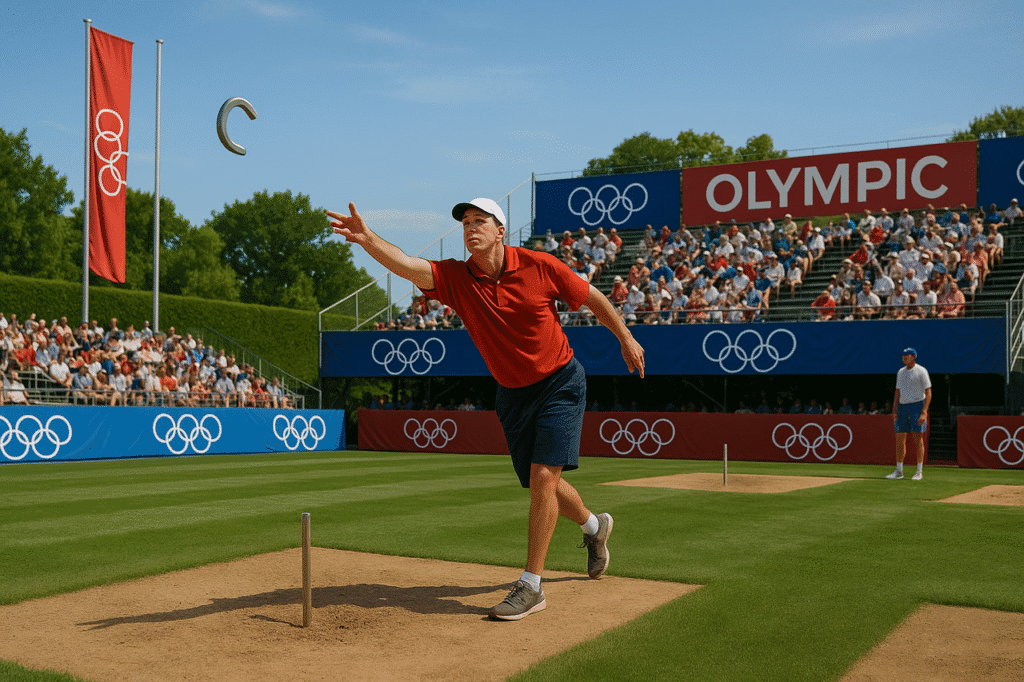 Slow motion view of a horseshoe releasing from a player's hand with stadium in background.