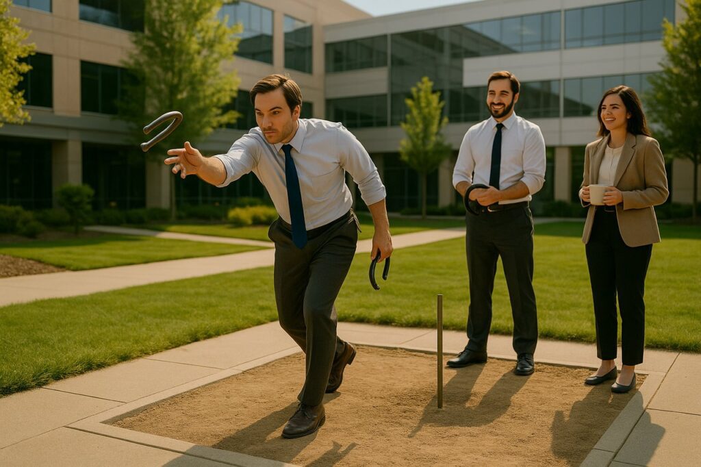 Close-up of a business professional tossing a horseshoe during a casual workplace game.