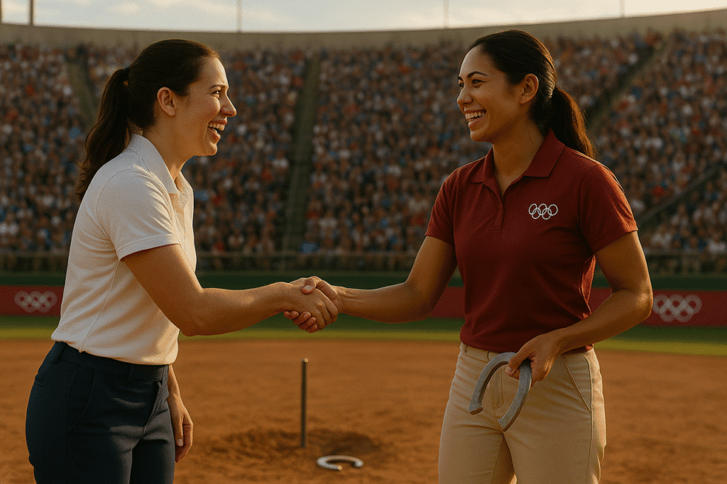 Two female horseshoe players smiling and shaking hands after an Olympic match.