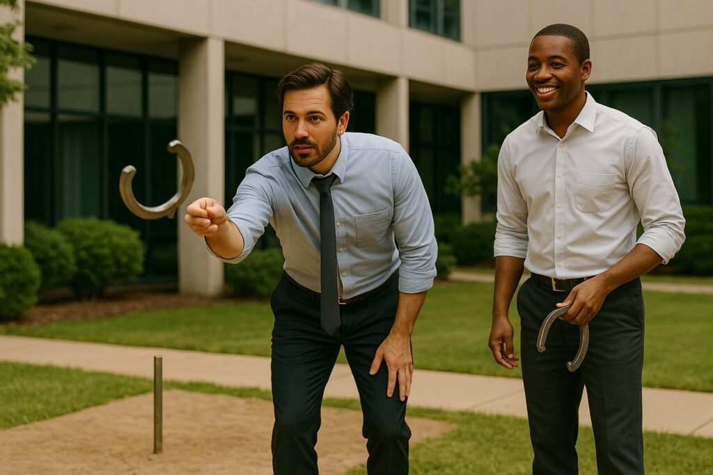 Two colleagues share a laugh while watching a horseshoe pitch outside their office.
