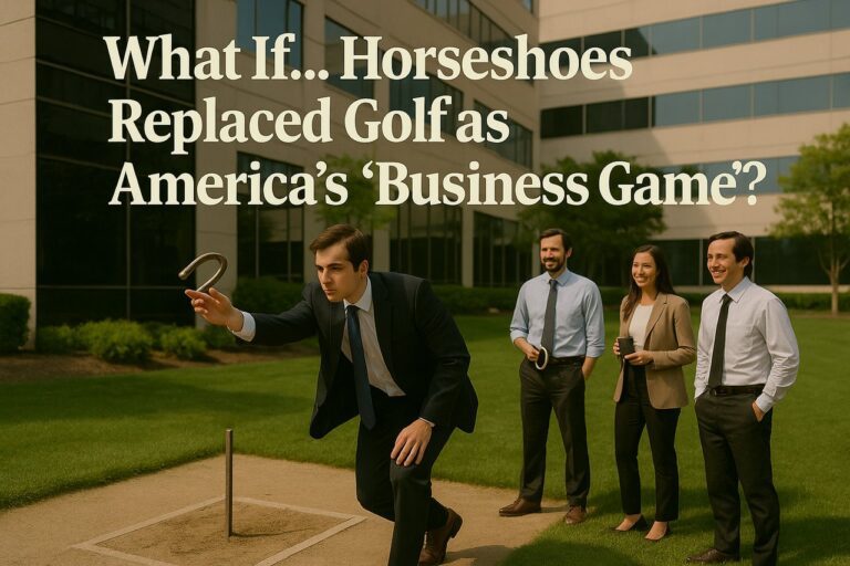 Business professionals playing a game of horseshoes outside the office as a team-building activity.