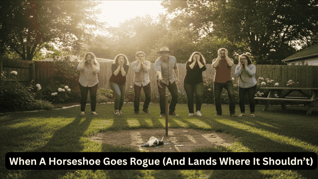 A backyard horseshoe pitch gone wrong, a steel horseshoe flying off target toward a shattered garden gnome during sunset.”