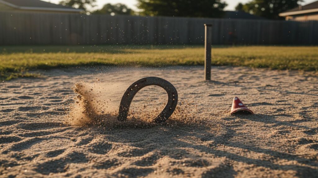 Close-up of a horseshoe slamming into sand beside a broken garden decoration in golden-hour light.”