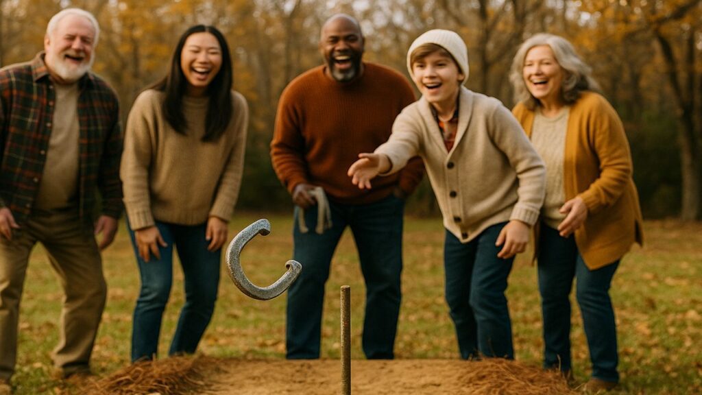 Older white man, younger Asian woman, and middle-aged Black man laughing as a horseshoe lands on the stake in a realistic sand pit during a Thanksgiving backyard game