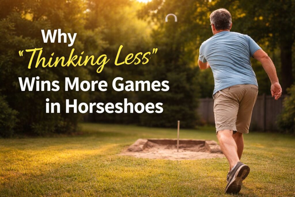Man pitching horseshoes with relaxed focus and smooth motion