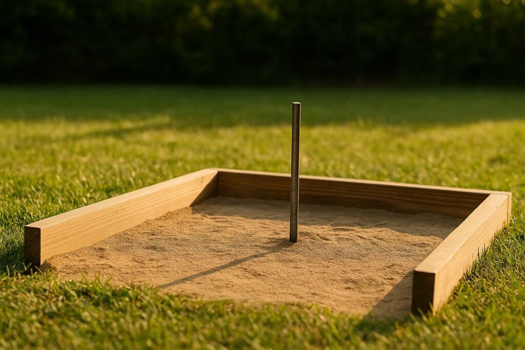 Close-up of a three-sided horseshoe pit with clean borders, level sand, and an upright stake in warm natural light.