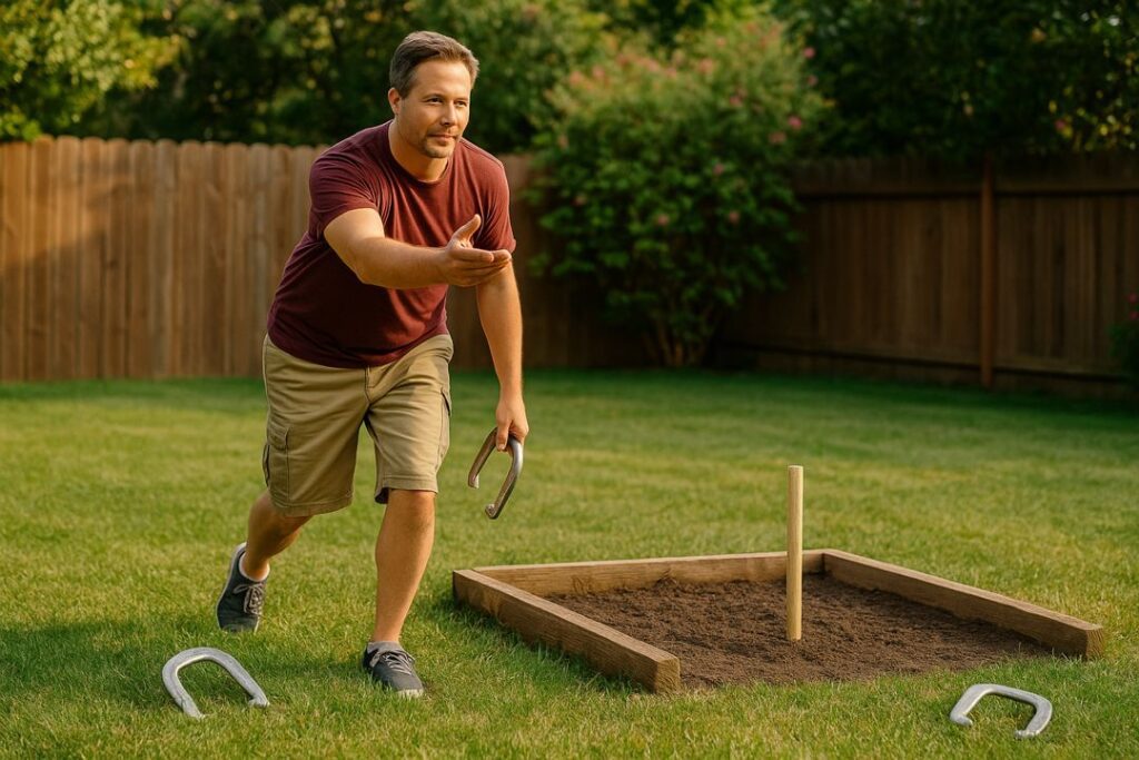 Man practicing horseshoe drills in a backyard, focusing on smooth mechanics and consistent form.