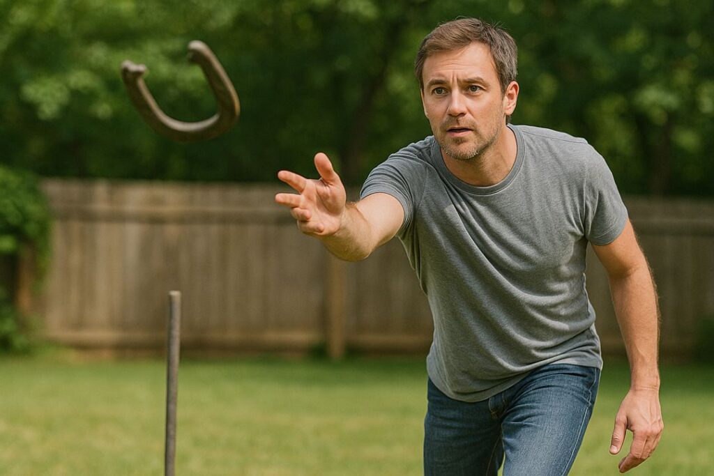 Caucasian man pitching a horseshoe with concentration in a backyard horseshoe pit.