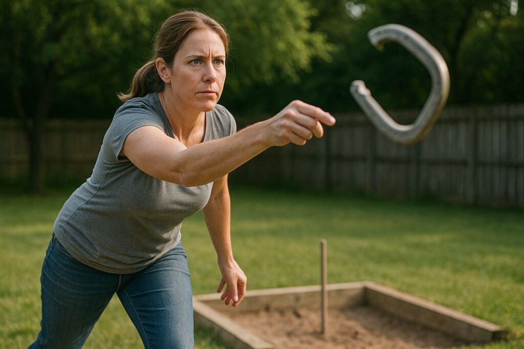 Focused woman mid-pitch releasing a horseshoe toward the stake in a backyard setting.