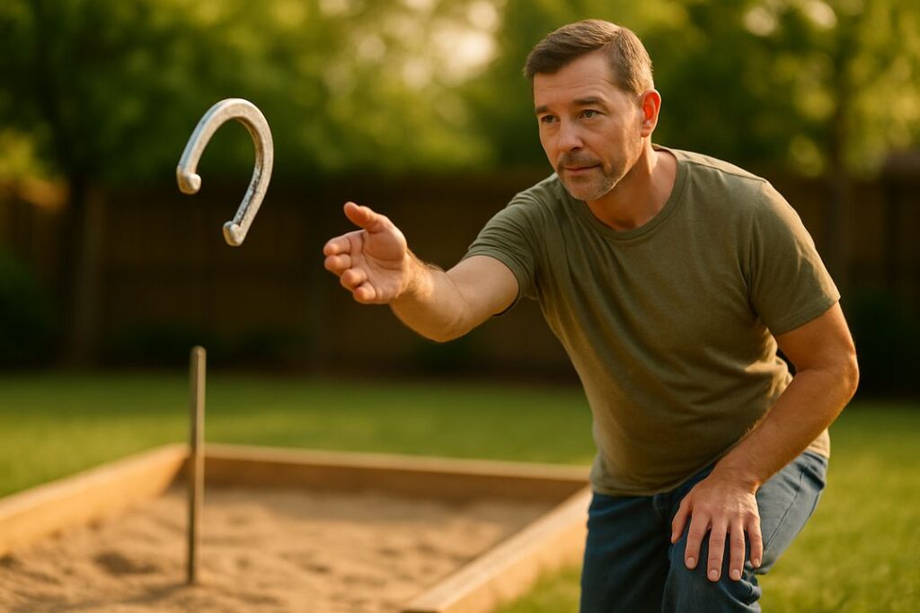 Caucasian man releasing a slow single-flip horseshoe pitch toward a three-sided pit during golden hour.