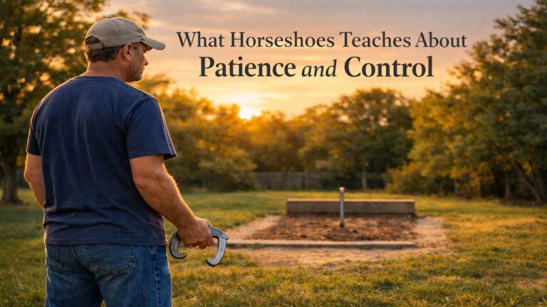 A calm horseshoe player focused on the stake before pitching during a backyard game