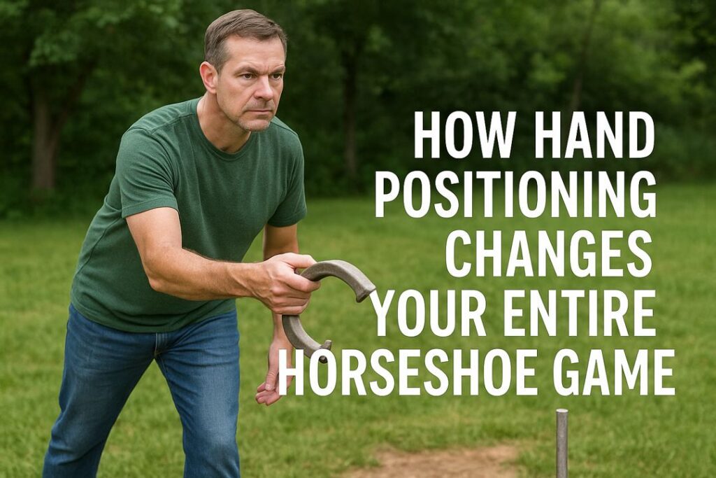 Middle-aged man holding a horseshoe in a backyard, demonstrating proper hand positioning before a pitch