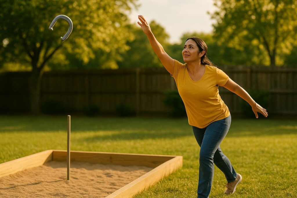 Latina woman throwing a high-arc horseshoe pitch with sunlight behind the shoe in a backyard setting.