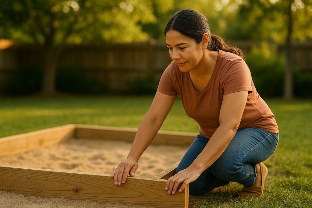 Hispanic woman adjusting a wooden side plank on a three-sided backyard horseshoe pit during a yard makeover.