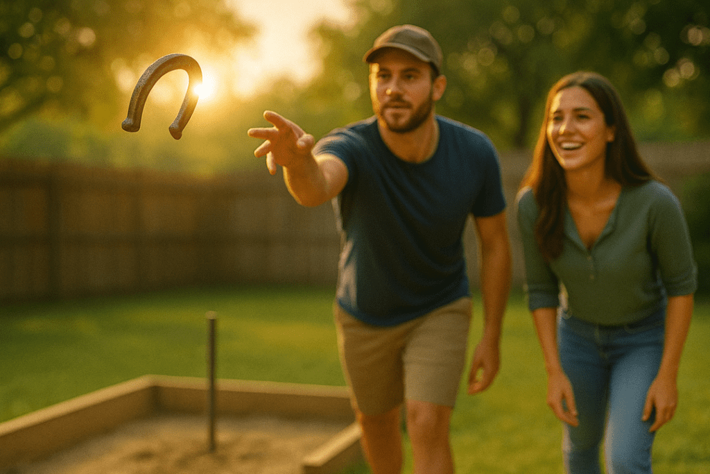 Young Caucasian couple laughing and pitching horseshoes together during a friendly backyard match.