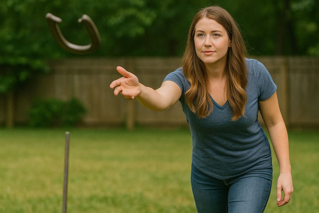 Caucasian woman throwing a horseshoe with focused form in a backyard setting.