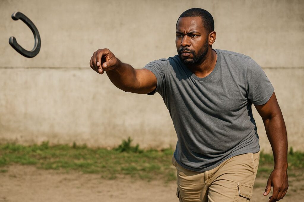African American man throwing a horseshoe outdoors with focused form and correct technique.