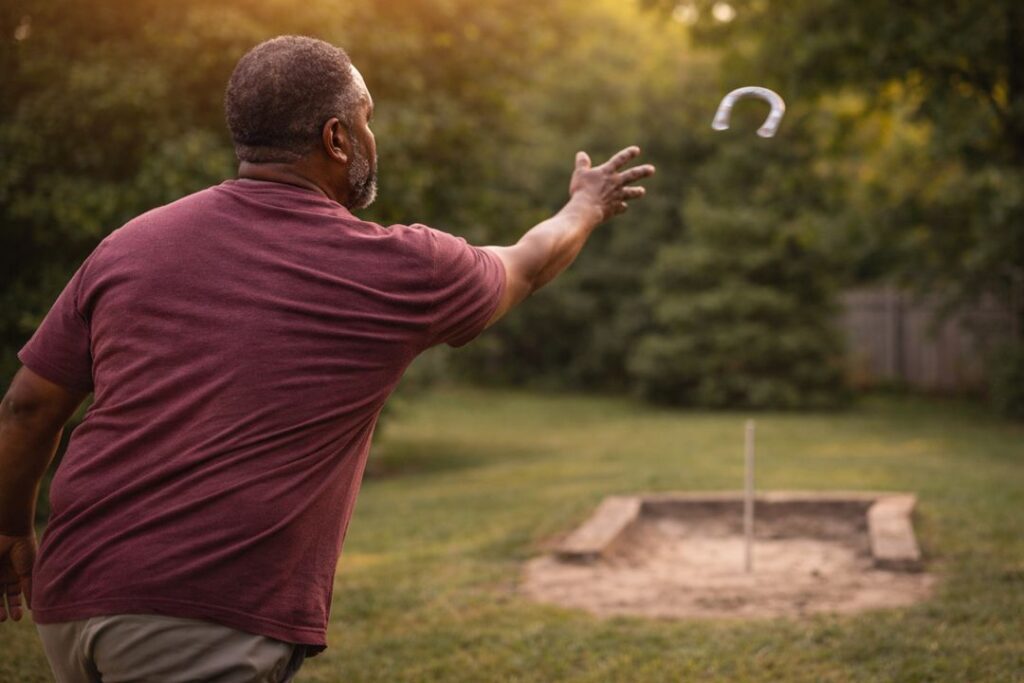 African American man pitching horseshoes with smooth relaxed form