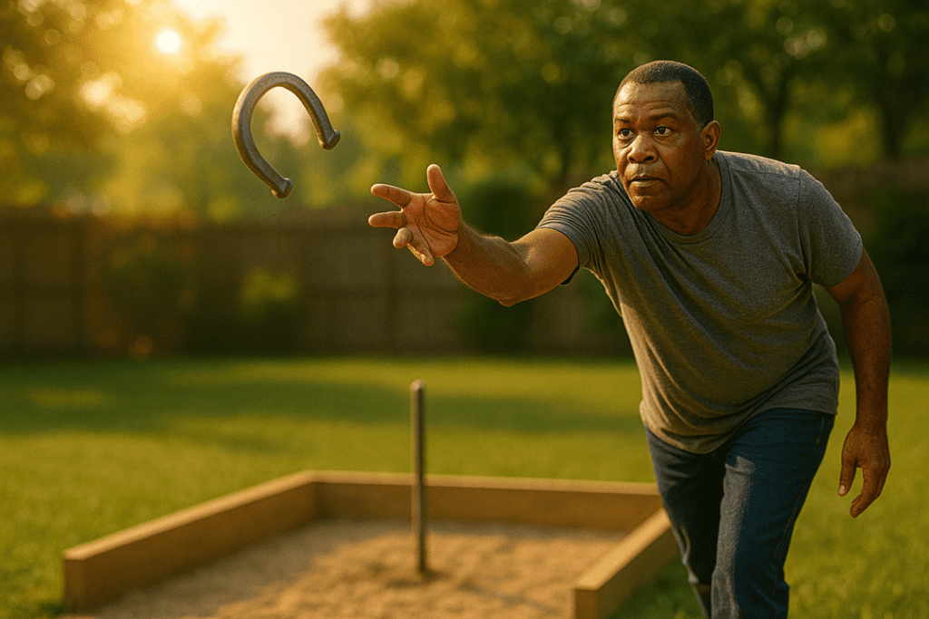 African American man throwing a low horseshoe pitch toward a three-sided pit in a sunny backyard.