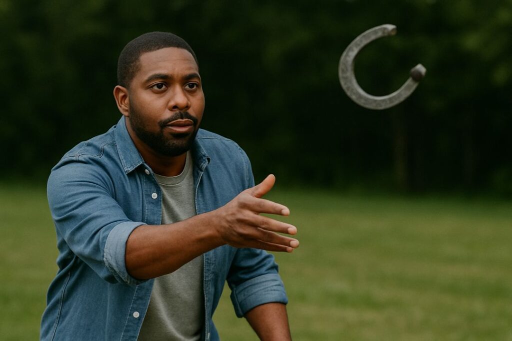 African American man in motion tossing a horseshoe in a grassy outdoor setting, showing proper pitching form.