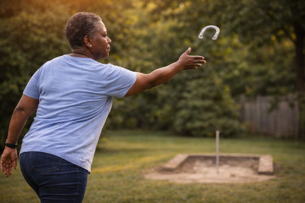 African American woman pitching horseshoes with smooth controlled motion