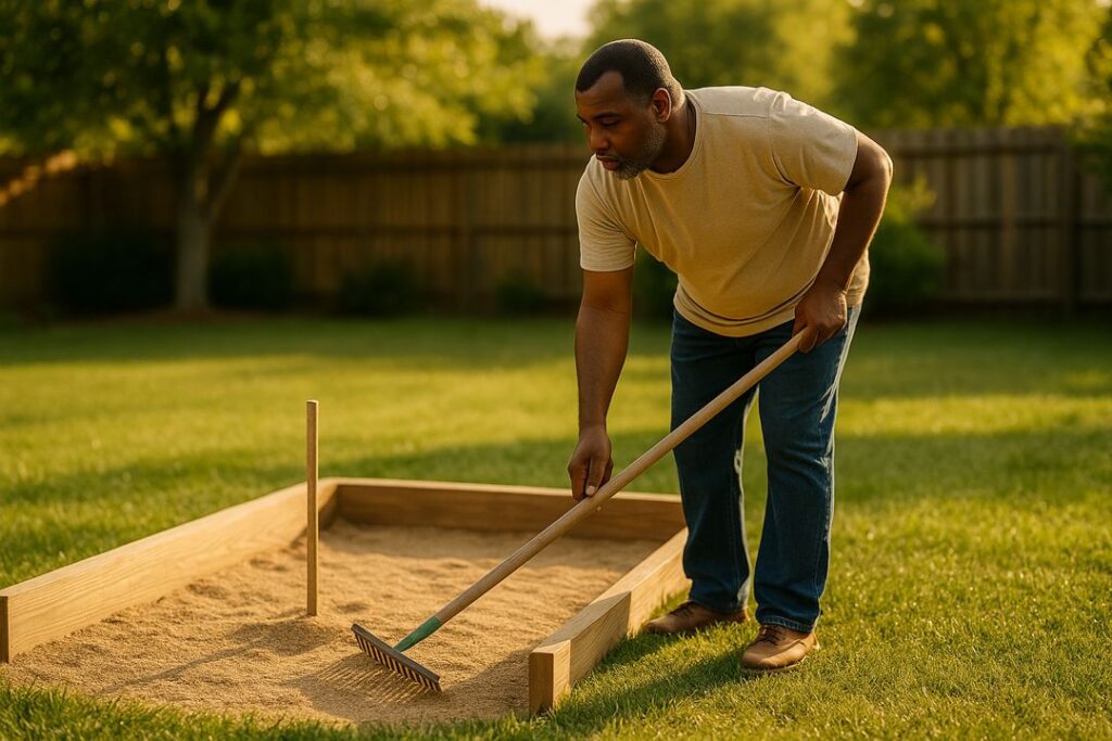 African American man leveling the sand in a three-sided backyard horseshoe pit with a landscape rake.