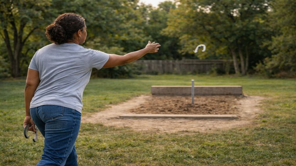 African American woman using a smooth controlled horseshoe pitching technique