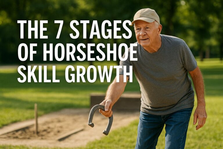 Older man pitching a horseshoe in a park, demonstrating intermediate-level technique for the 7 stages of skill growth.