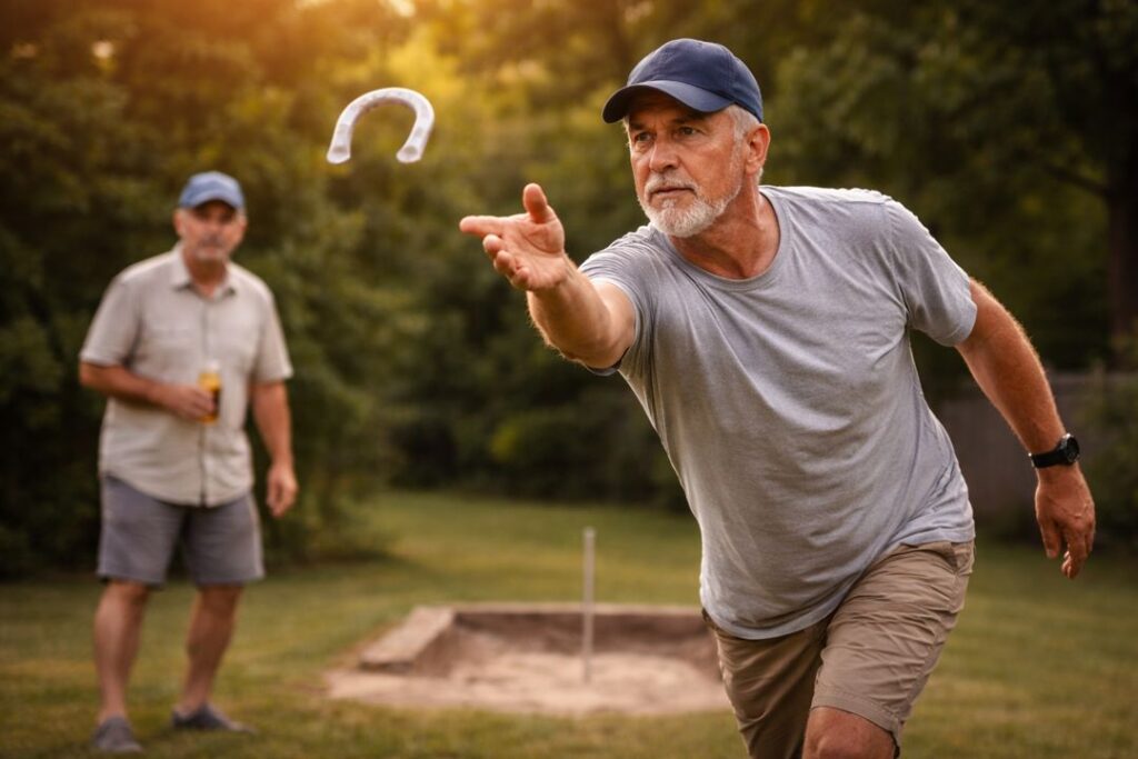 man pitching horseshoes calmly during competitive backyard game
