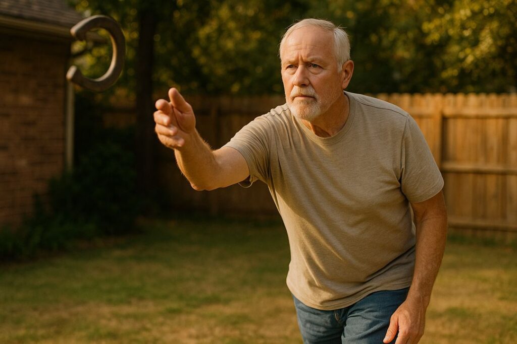 Older Caucasian man throwing a horseshoe in a backyard during golden hour with focused form.