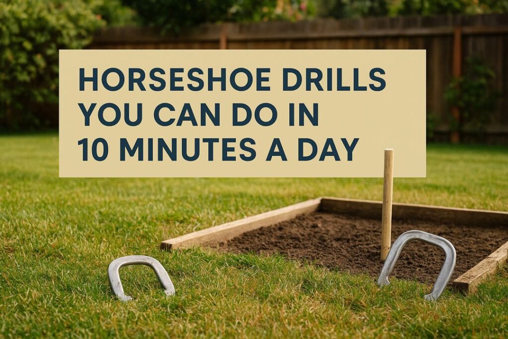Horseshoe pit in a backyard with two horseshoes on the grass
