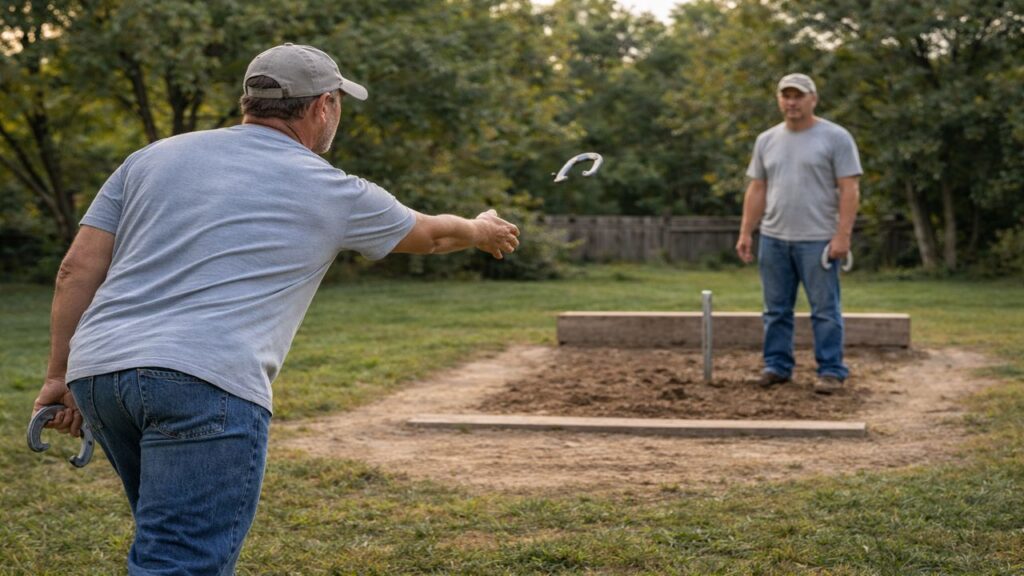 Horseshoe player staying calm while pitching as another player watches quietly