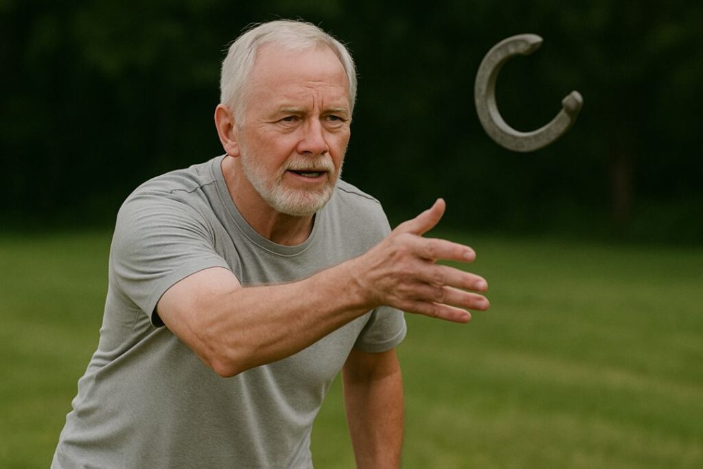Older Caucasian man concentrating as he throws a horseshoe in a backyard lawn area.