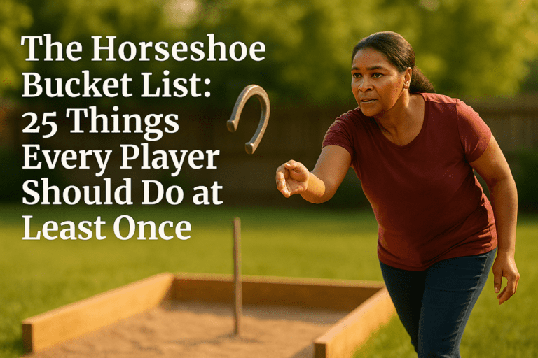 African American woman pitching a horseshoe in a backyard three-sided pit with title text in the upper left.