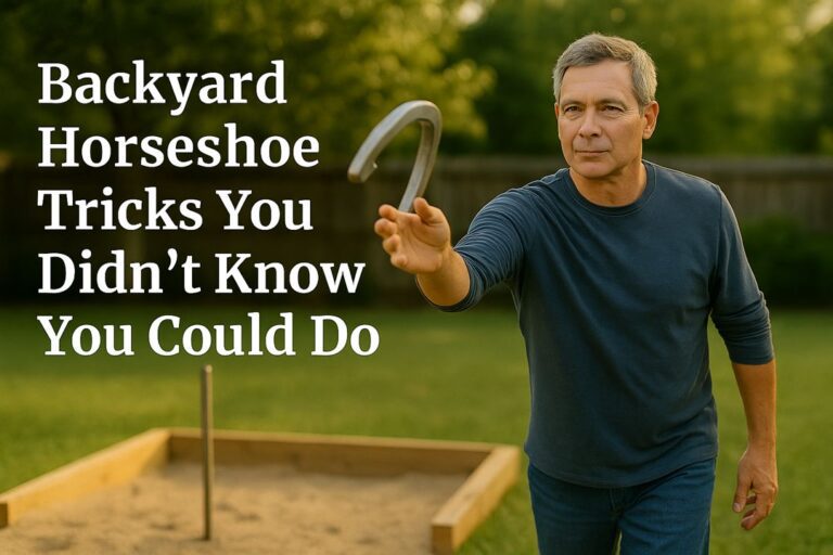 Middle-aged man raking the sand in a three-sided backyard horseshoe pit with title text displayed in the upper left.