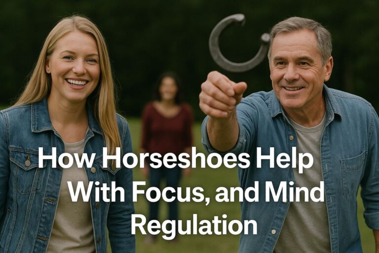 Two people smiling while a man throws a horseshoe during a backyard game, representing focus and mind regulation benefits.