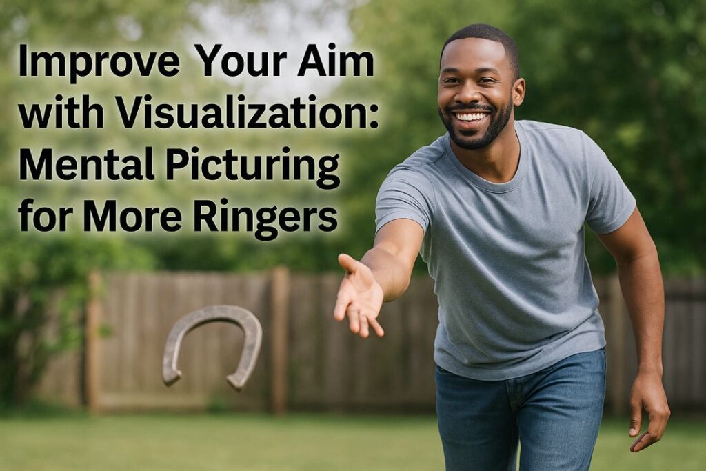 African American man pitching a horseshoe in a backyard, illustrating focus and visualization while aiming for a ringer.