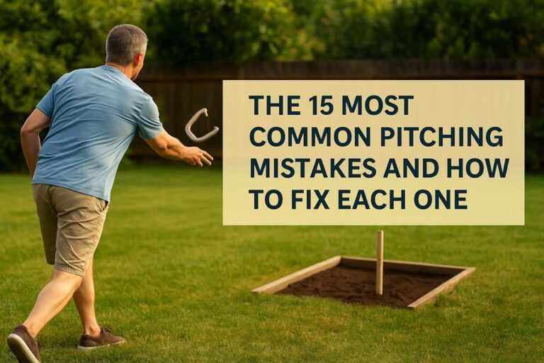 Man pitching a horseshoe in a backyard toward a wooden horseshoe pit with the article title displayed beside him.