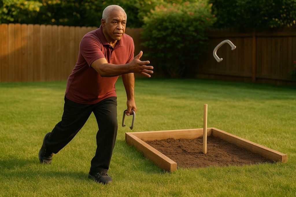 Older African American man pitching a horseshoe in a warm backyard, standing beside a wooden horseshoe pit during practice.