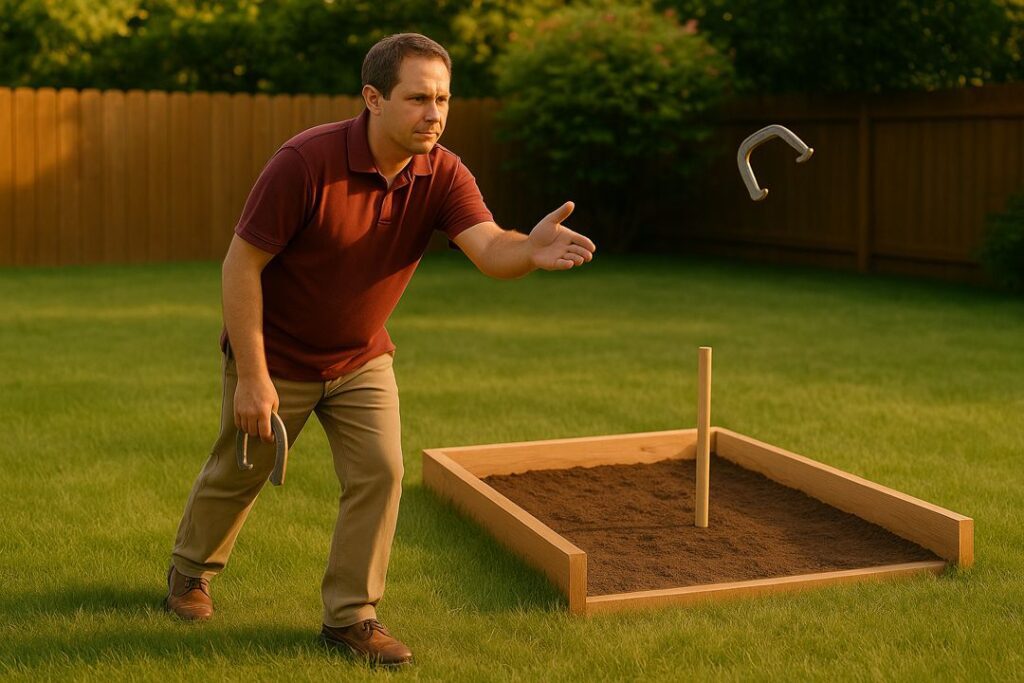 Caucasian man throwing a horseshoe with a stationary planted stance beside a wooden backyard horseshoe pit.