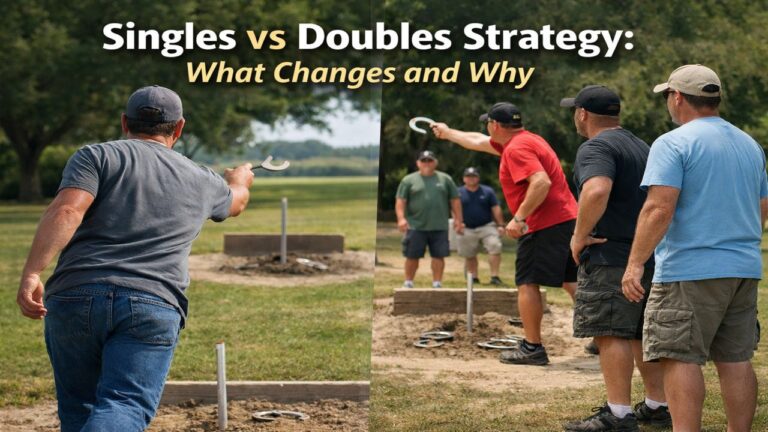 Man pitching horseshoes in a park court illustrating the strategic differences between singles and doubles play