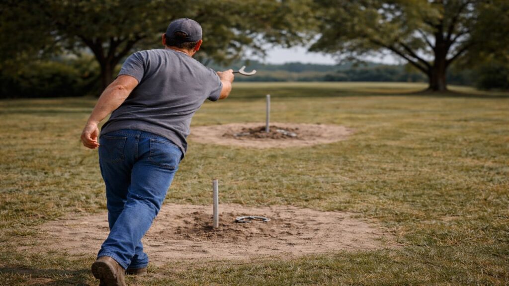 Single player pitching horseshoes alone on a clean court, showing focus, rhythm, and individual responsibility in singles play