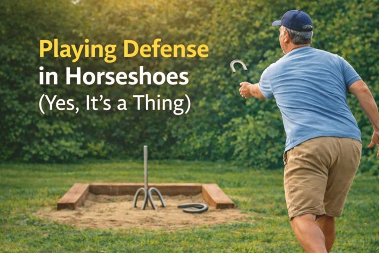 Older man pitching a horseshoe toward the stake during a defensive play in a backyard horseshoe game