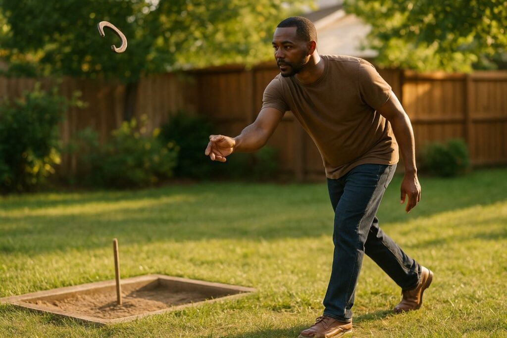 African American man performing a controlled horseshoe drill in a backyard, watching the shoe’s rotation during a light toss.