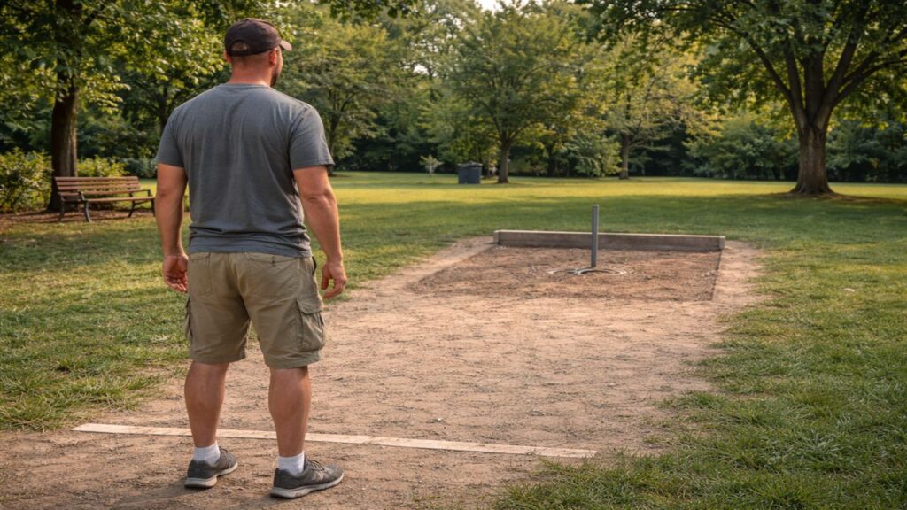 horseshoe player standing behind the pitching line preparing before a throw